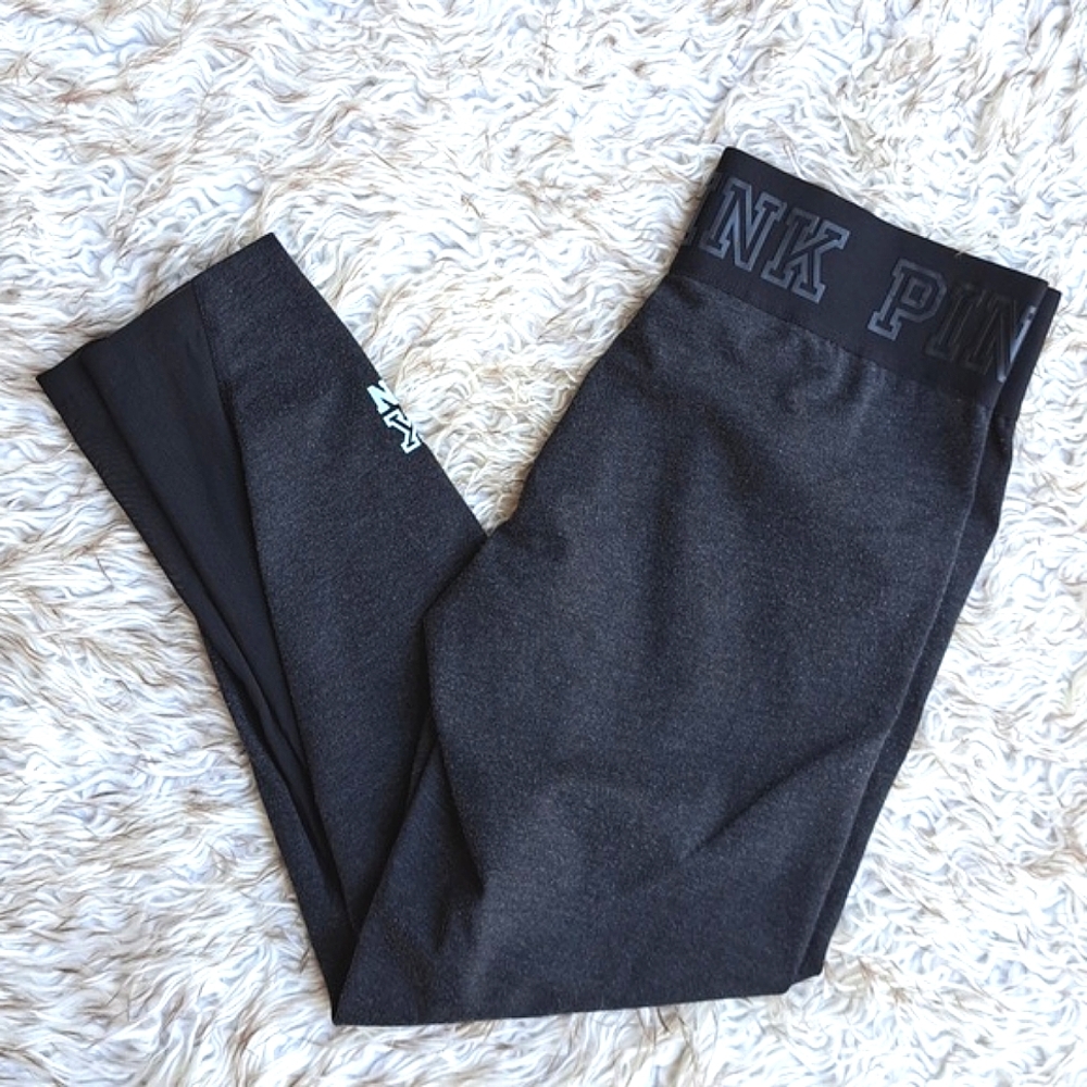Victoria's Secret PINK Nation Gray Leggings S Small, Black Logo Waist, Side Mesh